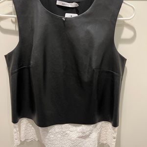 New Bailey 44 Faux Leather Sleeveless Top with White Eyelet Lace